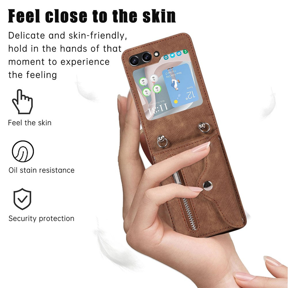 For Samsung Galaxy Z Flip7 FE 5G / Z Flip6 5G Case PU Leather + TPU RFID Blocking Card Slots Phone Cover with 2 Straps - Brown