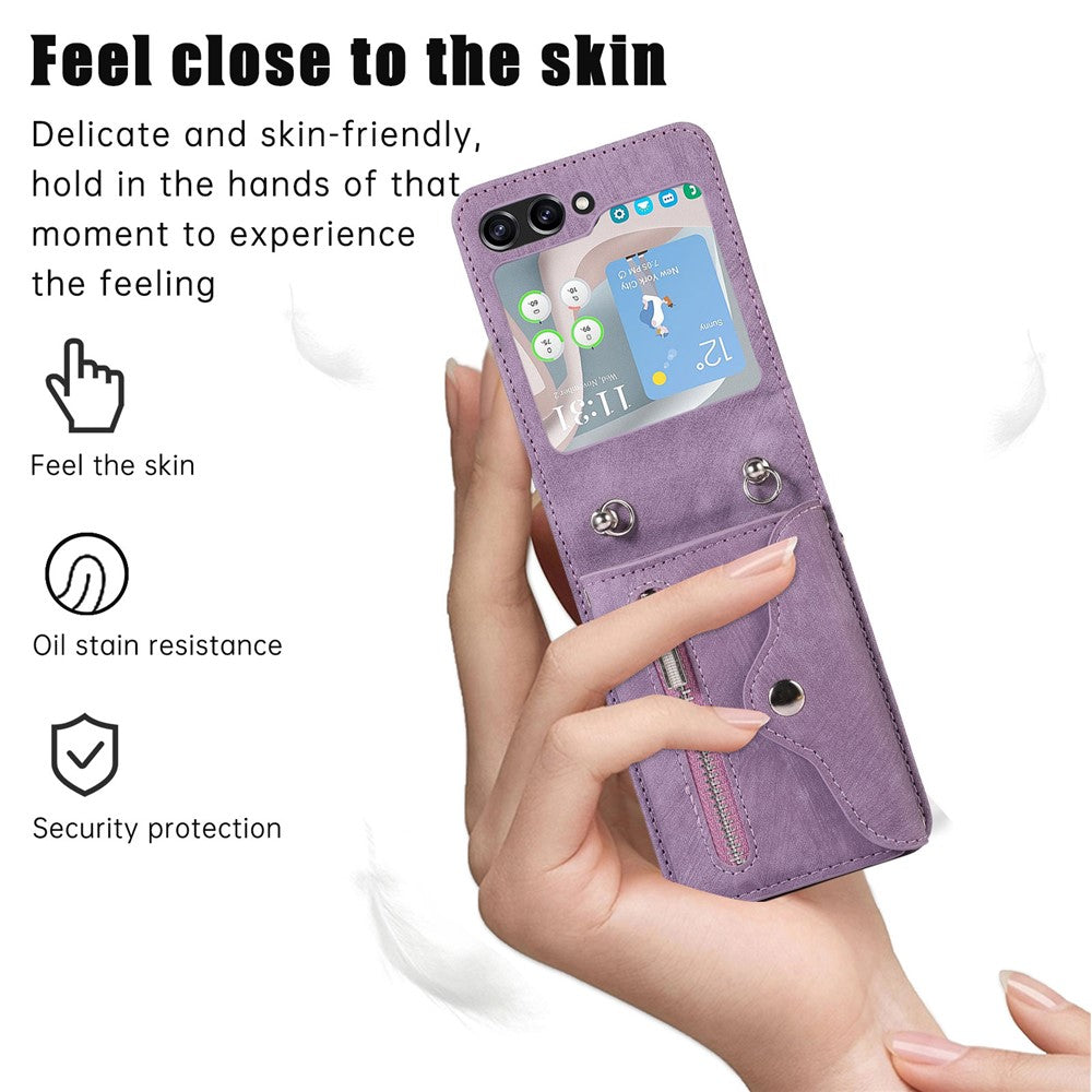 For Samsung Galaxy Z Flip7 FE 5G / Z Flip6 5G Case PU Leather + TPU RFID Blocking Card Slots Phone Cover with 2 Straps - Purple