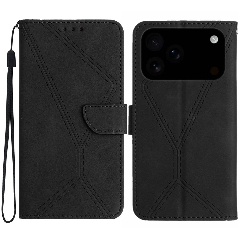 For iPhone 17 Pro Max Case Skin Touch Lines Imprinted PU Leather Flip Phone Cover - Black