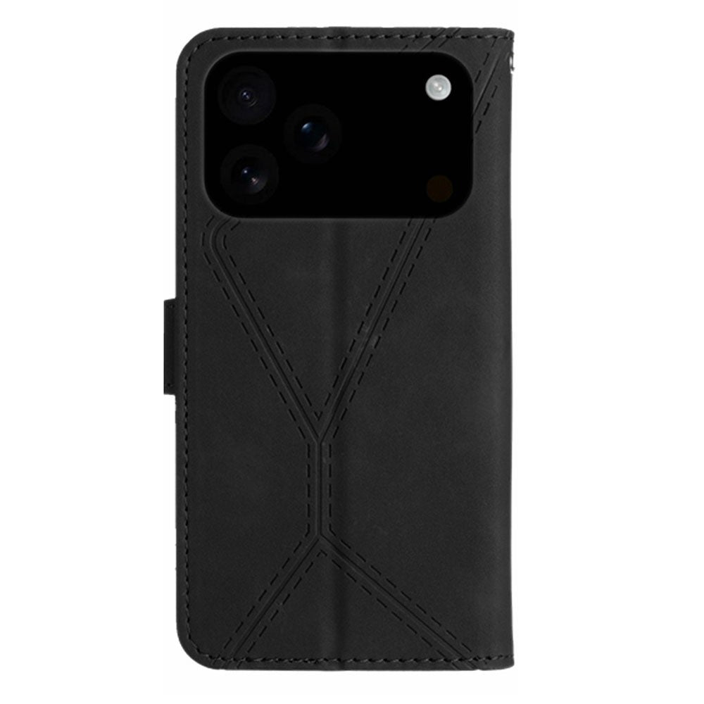 For iPhone 17 Pro Max Case Skin Touch Lines Imprinted PU Leather Flip Phone Cover - Black