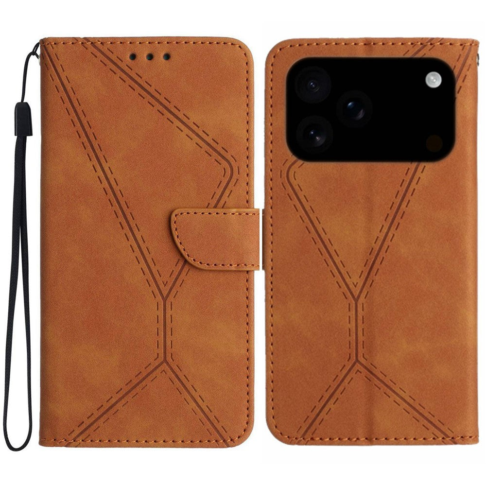 For iPhone 17 Pro Max Case Skin Touch Lines Imprinted PU Leather Flip Phone Cover - Brown