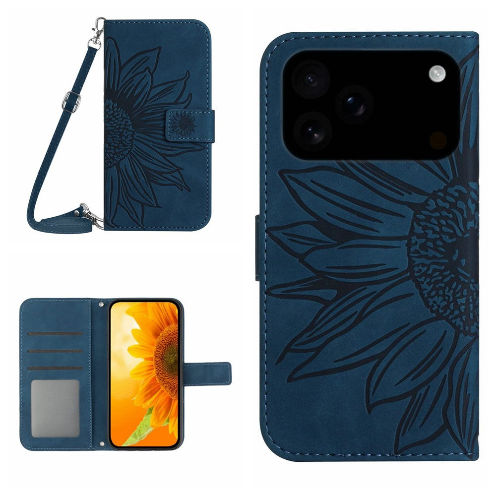 For iPhone 17 Pro Max Case Sunflower Imprint PU Leather Phone Cover with Long Strap - Dark Blue