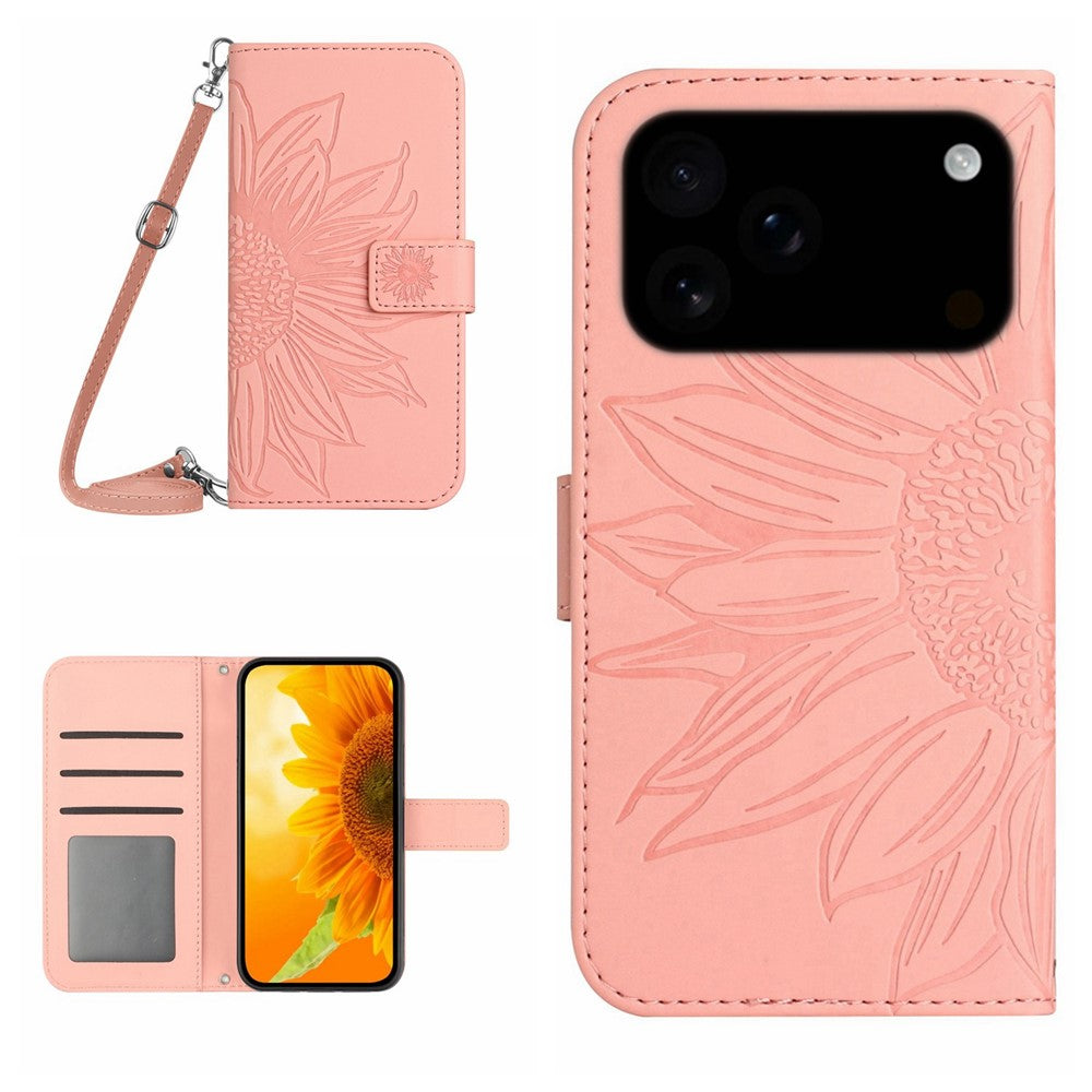 For iPhone 17 Pro Max Case Sunflower Imprint PU Leather Phone Cover with Long Strap - Light Pink