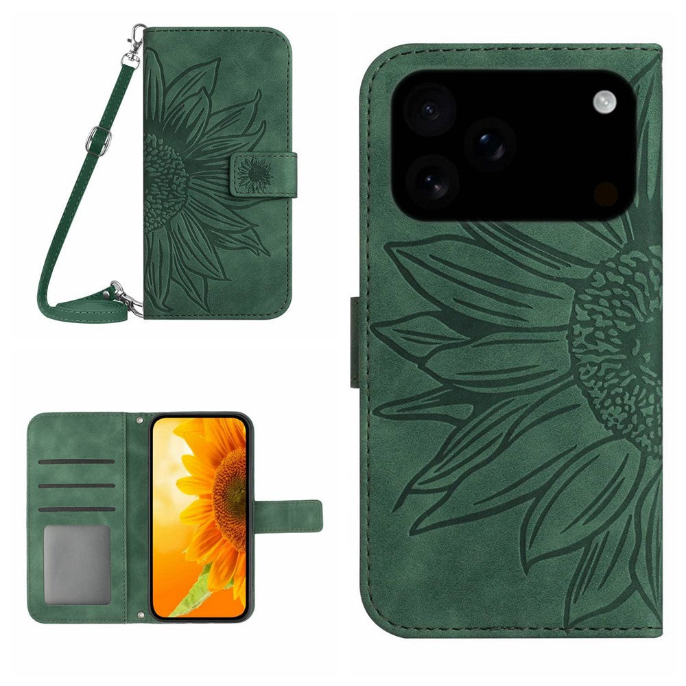 For iPhone 17 Pro Max Case Sunflower Imprint PU Leather Phone Cover with Long Strap - Dark Green
