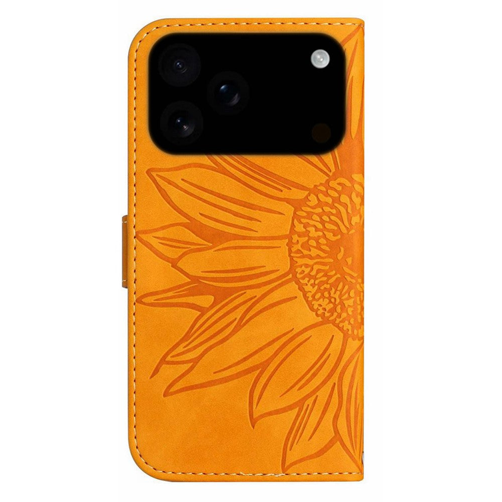 For iPhone 17 Pro Max Case Sunflower Imprint Leather Wallet Phone Cover with Wrist Strap - Yellow