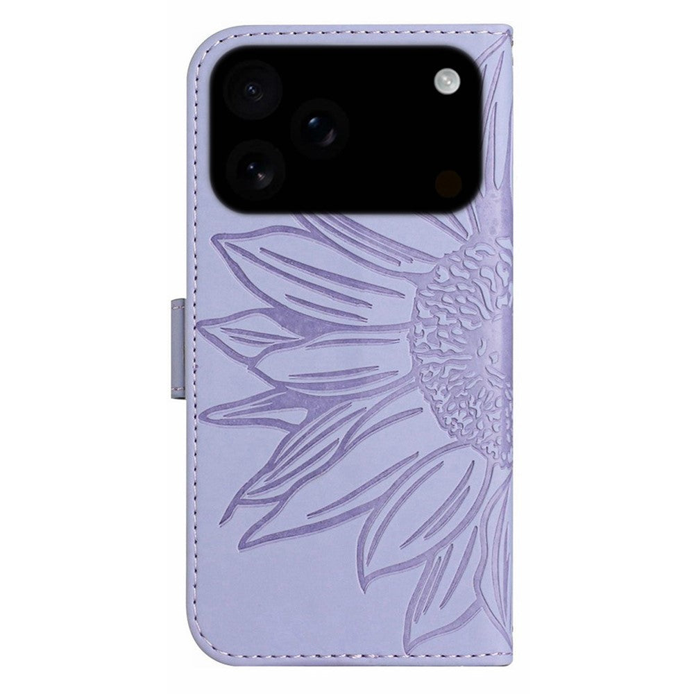 For iPhone 17 Pro Max Case Sunflower Imprint Leather Wallet Phone Cover with Wrist Strap - Light Purple