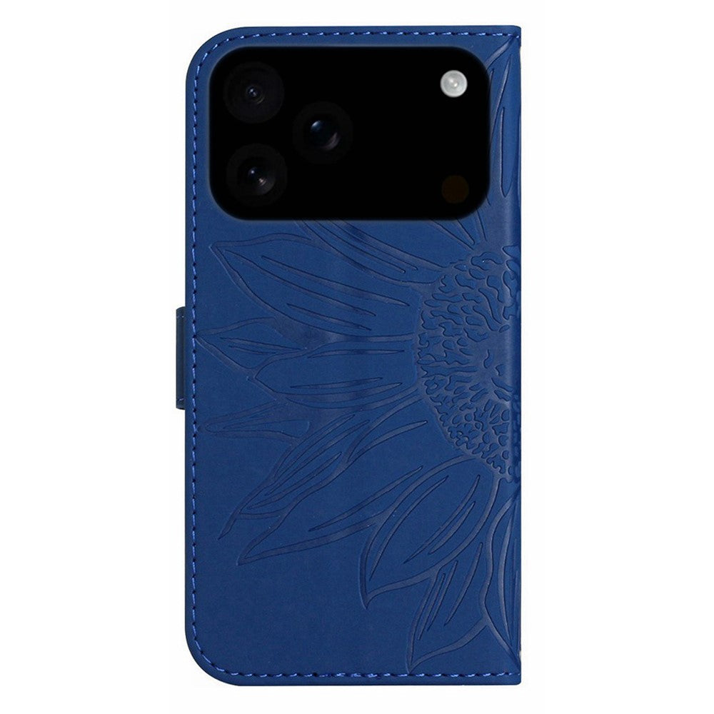 For iPhone 17 Pro Max Case Sunflower Imprint Leather Wallet Phone Cover with Wrist Strap - Sapphire
