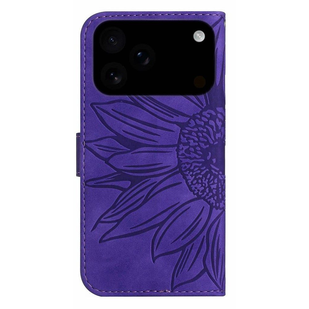 For iPhone 17 Pro Max Case Sunflower Imprint Leather Wallet Phone Cover with Wrist Strap - Dark Purple
