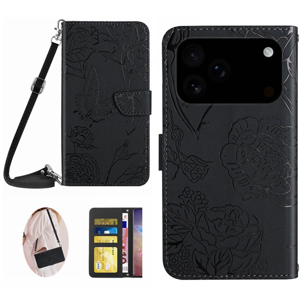 For iPhone 17 Pro Max Case Butterfly Flower Imprint Leather Phone Cover with Shoulder Strap - Black