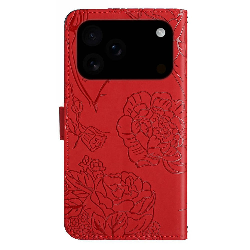 For iPhone 17 Pro Max Case Butterfly Flower Imprint Leather Phone Cover with Shoulder Strap - Red