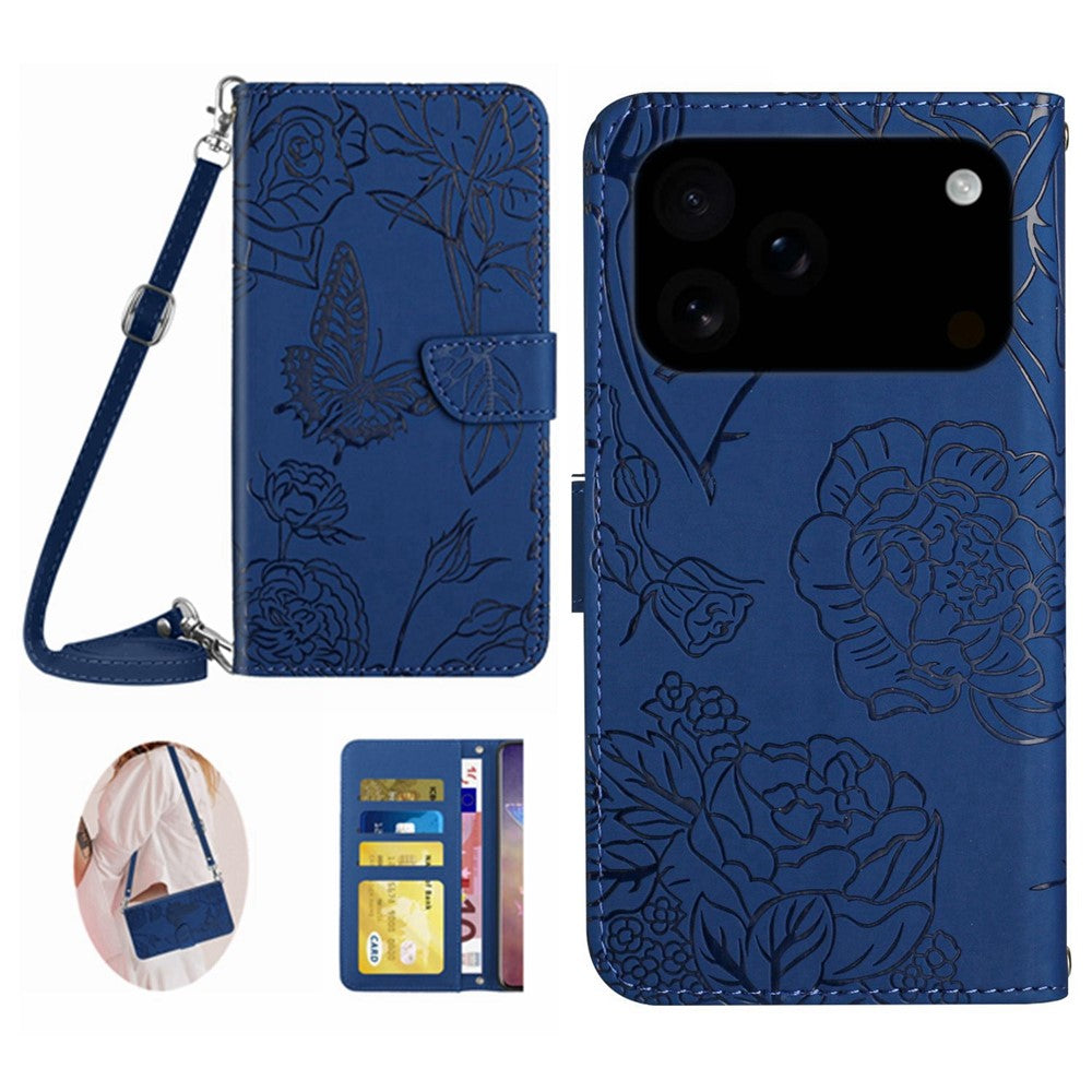 For iPhone 17 Pro Max Case Butterfly Flower Imprint Leather Phone Cover with Shoulder Strap - Blue