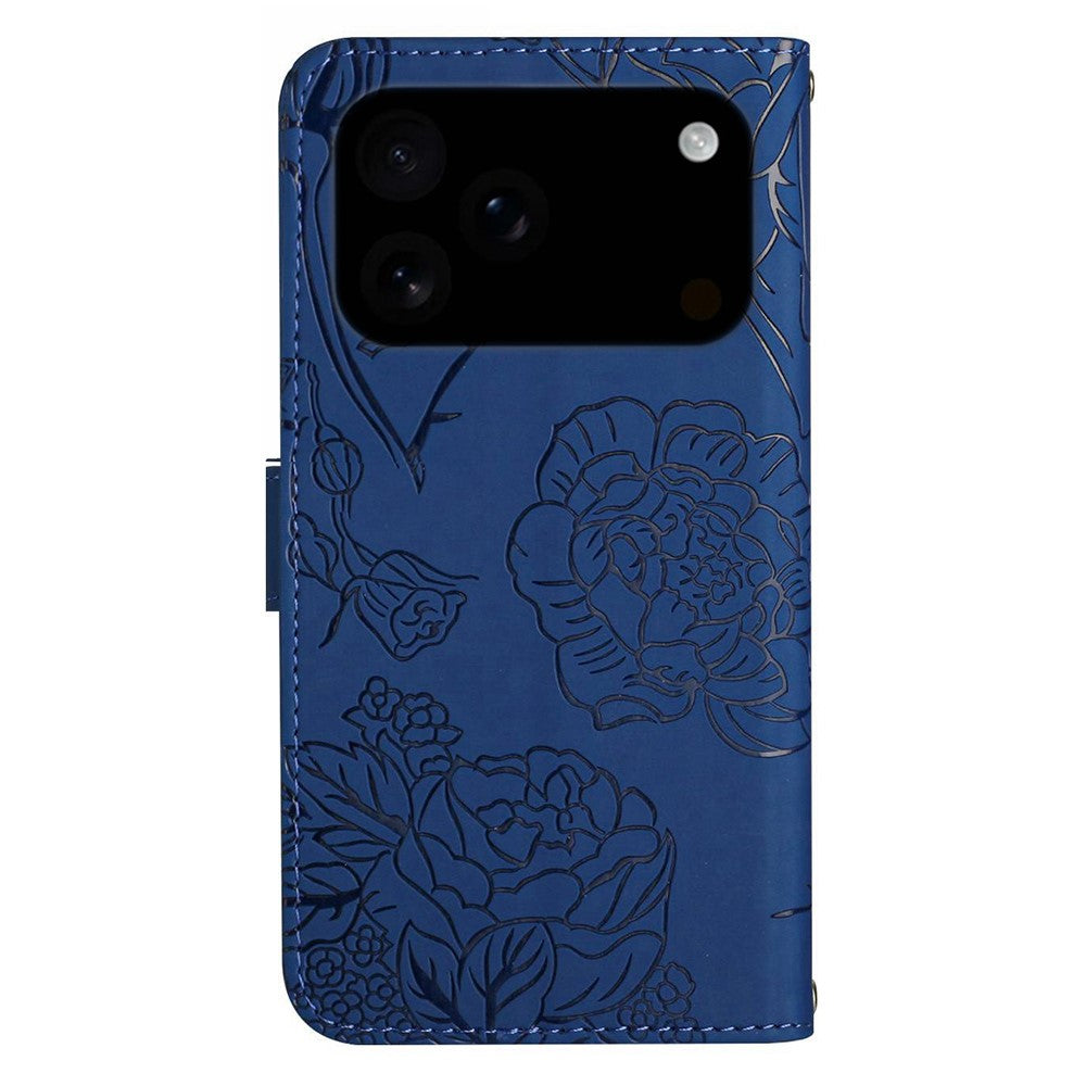 For iPhone 17 Pro Max Case Butterfly Flower Imprint Leather Phone Cover with Shoulder Strap - Blue