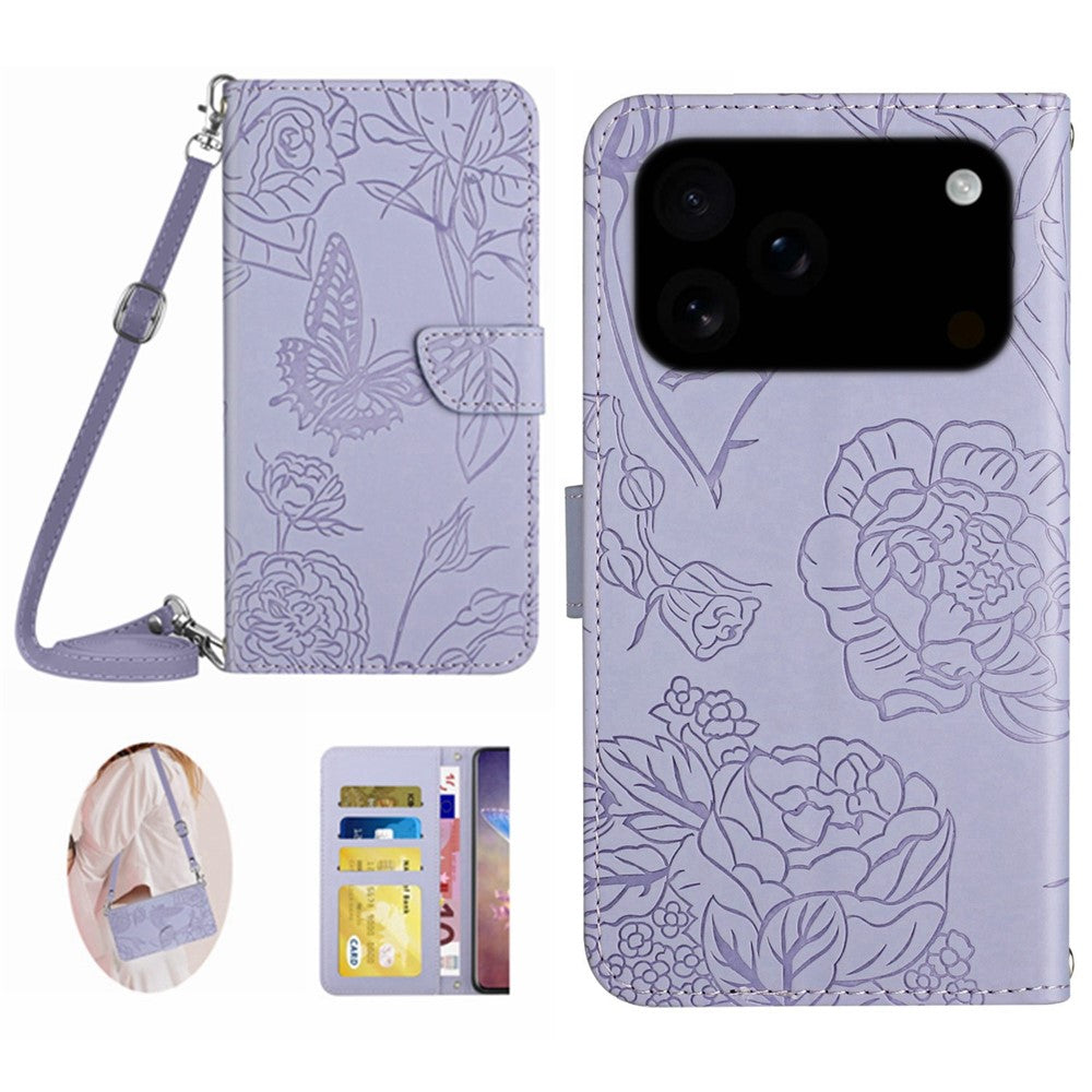 For iPhone 17 Pro Max Case Butterfly Flower Imprint Leather Phone Cover with Shoulder Strap - Purple