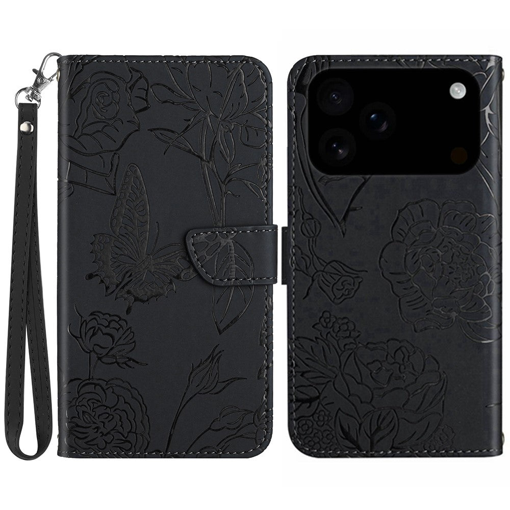 For iPhone 17 Pro Max Case Butterfly Flower Imprinted Leather Phone Cover with Strap - Black