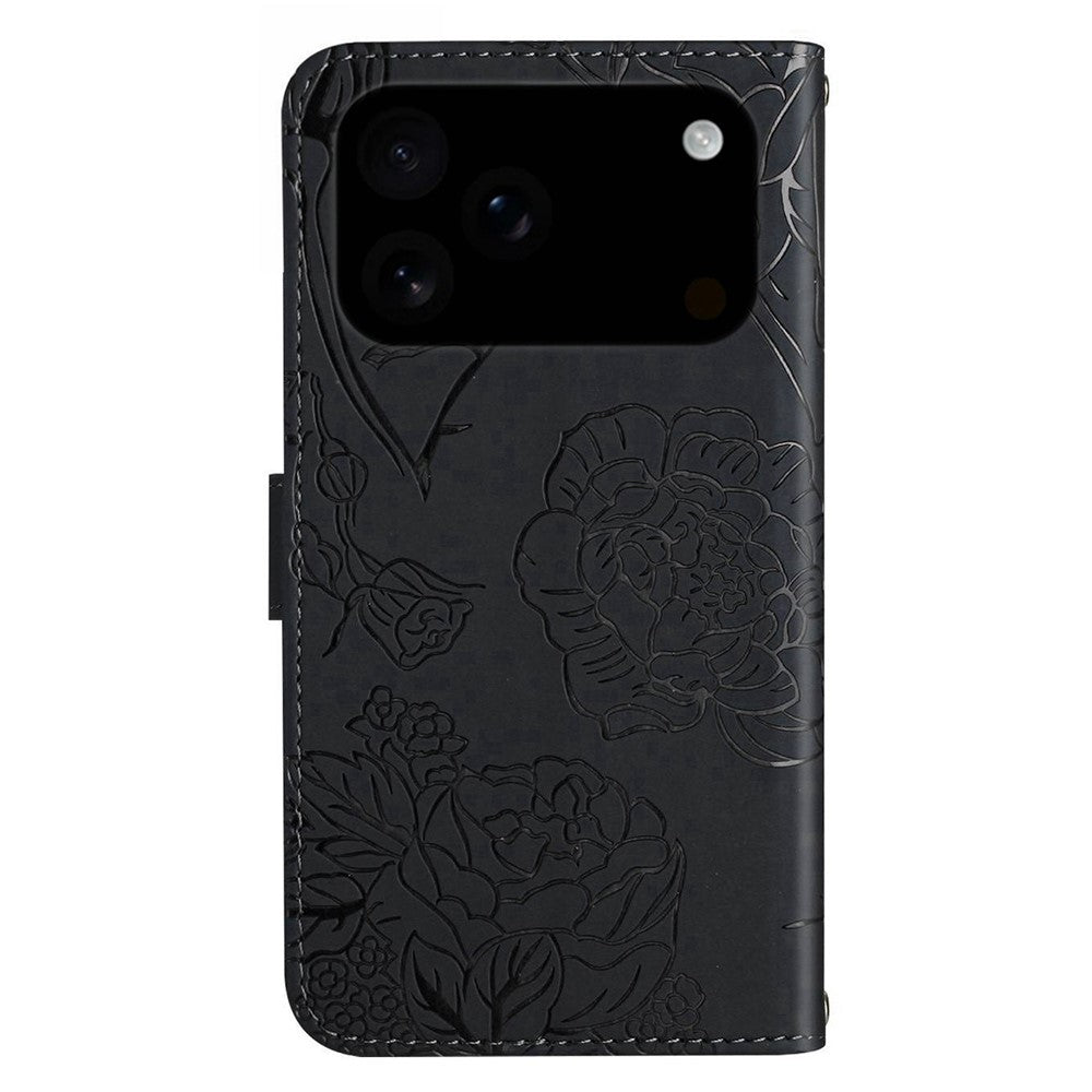 For iPhone 17 Pro Max Case Butterfly Flower Imprinted Leather Phone Cover with Strap - Black