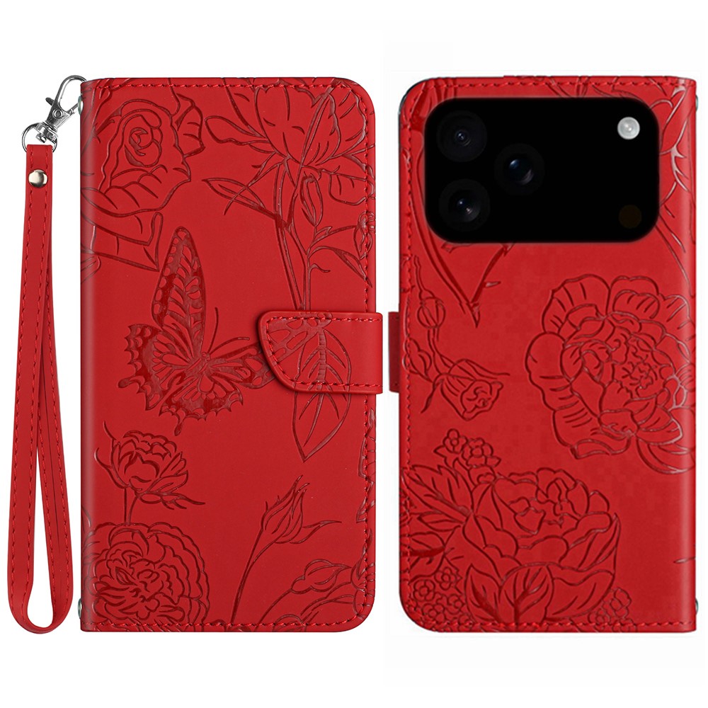 For iPhone 17 Pro Max Case Butterfly Flower Imprinted Leather Phone Cover with Strap - Red