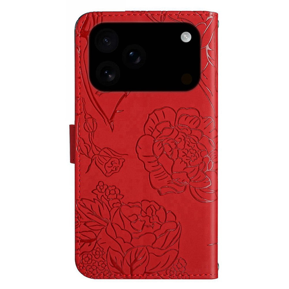 For iPhone 17 Pro Max Case Butterfly Flower Imprinted Leather Phone Cover with Strap - Red