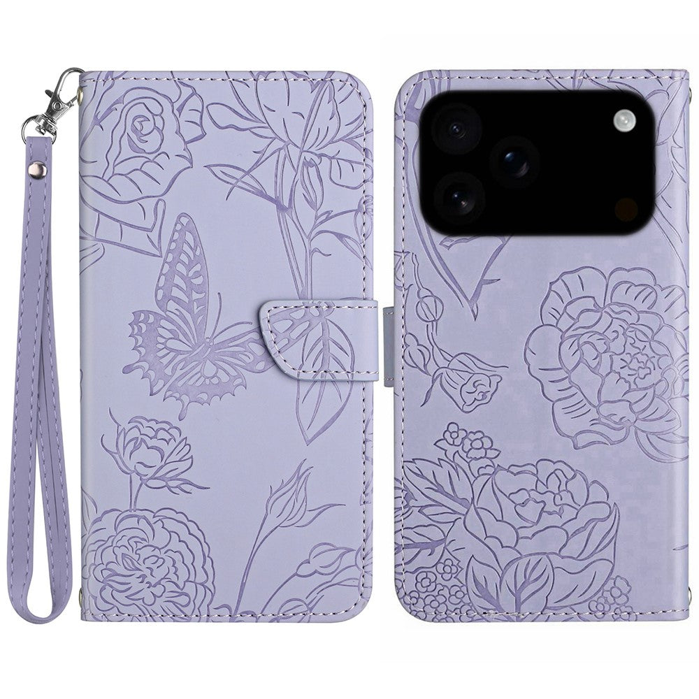 For iPhone 17 Pro Max Case Butterfly Flower Imprinted Leather Phone Cover with Strap - Purple