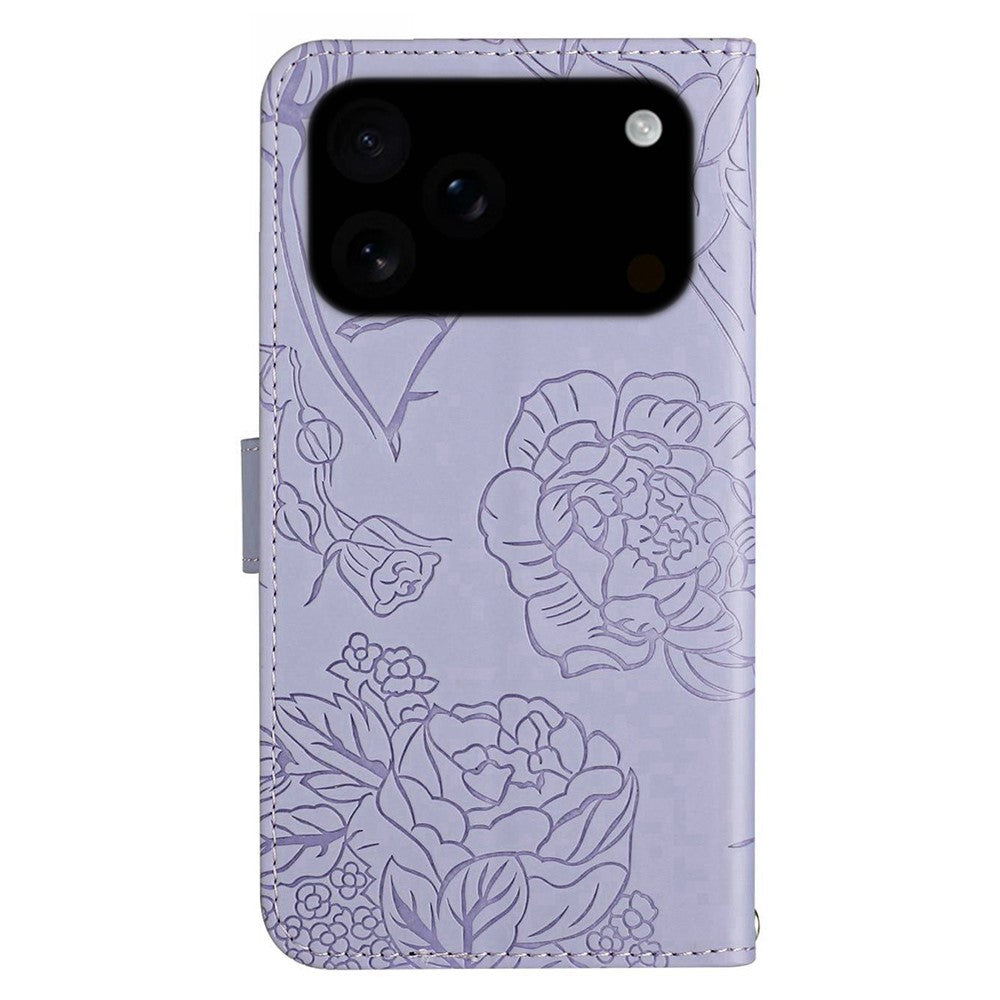 For iPhone 17 Pro Max Case Butterfly Flower Imprinted Leather Phone Cover with Strap - Purple