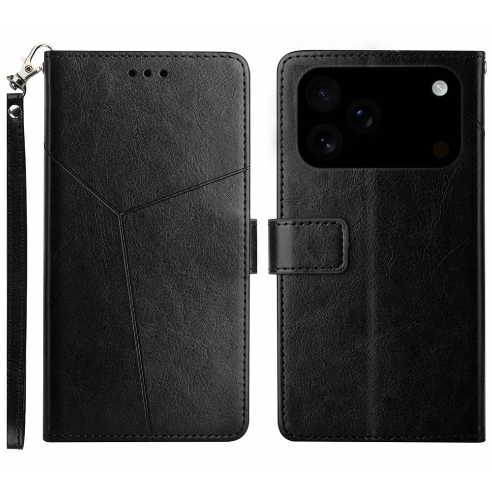 For iPhone 17 Pro Max Case with Wrist Strap Y Shaped Lines Imprint Leather Phone Cover - Black