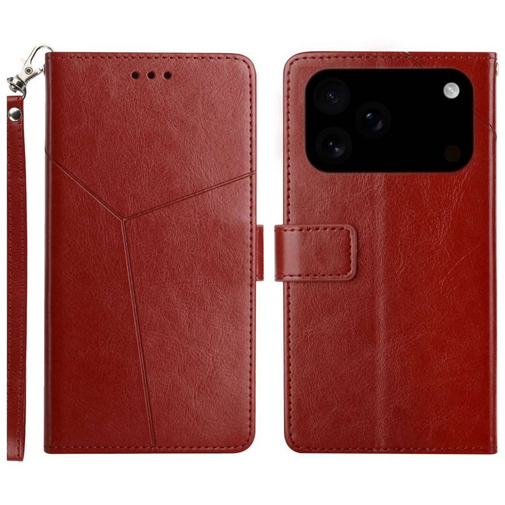 For iPhone 17 Pro Max Case with Wrist Strap Y Shaped Lines Imprint Leather Phone Cover - Brown