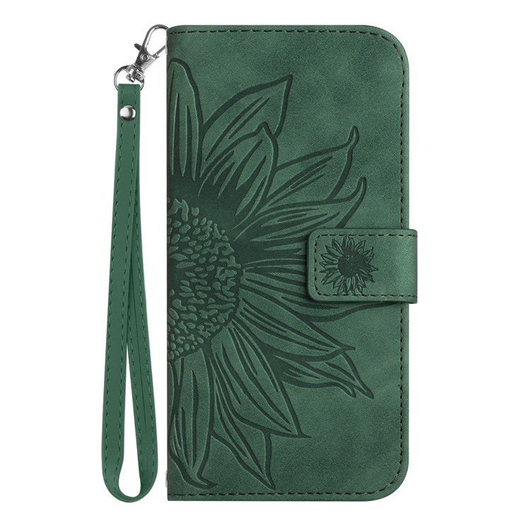 For Oppo Reno14 5G (Global) Case Sunflower Imprint Leather Wallet Phone Cover with Wrist Strap - Dark Green