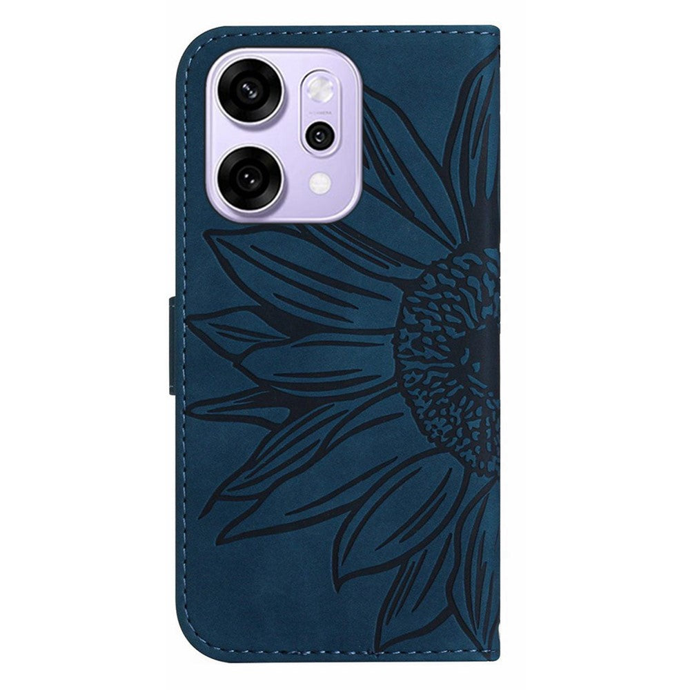 For Oppo Reno14 Pro 5G (Global) Case Sunflower Imprint Leather Wallet Phone Cover with Wrist Strap - Dark Blue