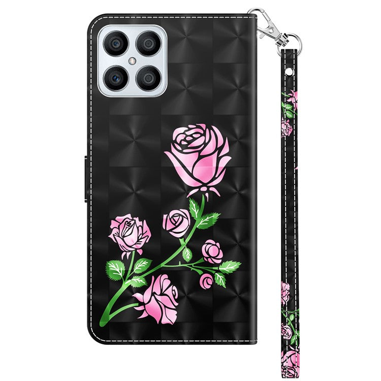 For Honor X8 4G 4G PU Leather 3D Pattern Printing Anti-drop Case Magnetic Clasp Phone Stand Wallet Cover with Strap - Rose Flower