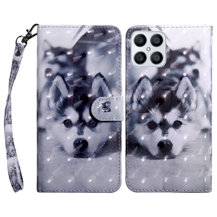 For Honor X8 4G 4G PU Leather 3D Pattern Printing Anti-drop Case Magnetic Clasp Phone Stand Wallet Cover with Strap - Husky