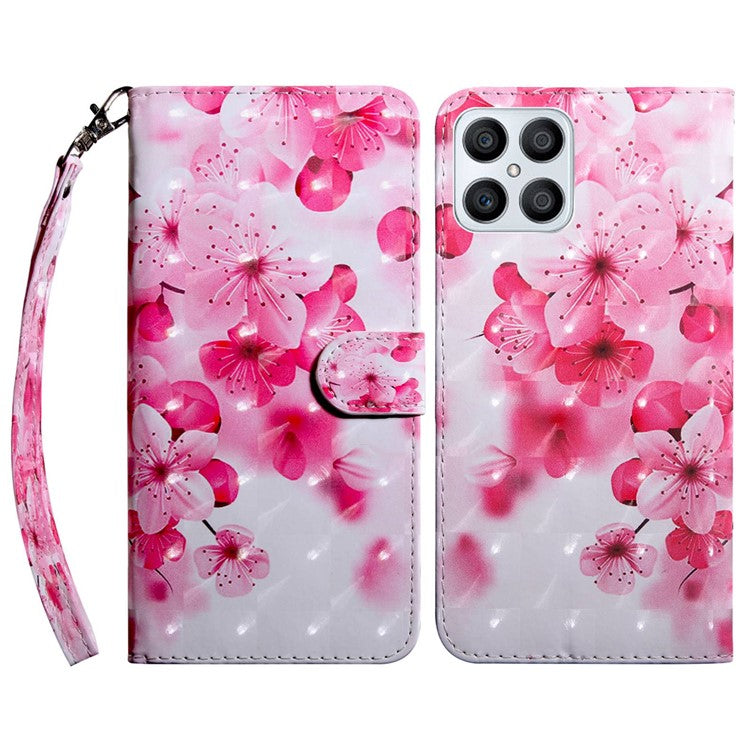 For Honor X8 4G 4G PU Leather 3D Pattern Printing Anti-drop Case Magnetic Clasp Phone Stand Wallet Cover with Strap - Red Flower