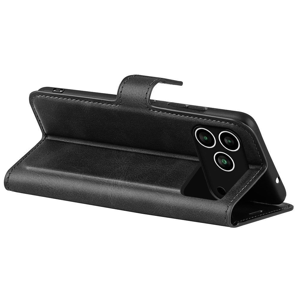 For iPhone 17 Pro Max Stand Case Anti-Scratch Calf Texture Leather Phone Cover - Black