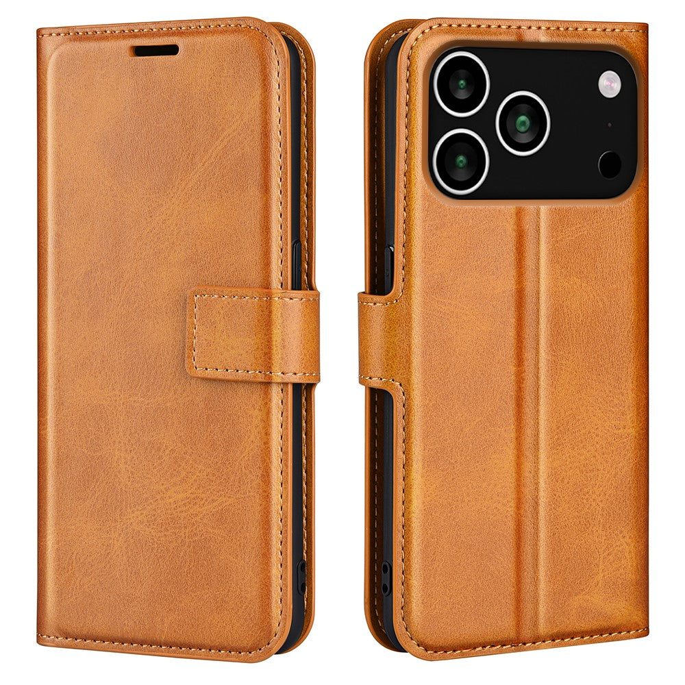 For iPhone 17 Pro Max Stand Case Anti-Scratch Calf Texture Leather Phone Cover - Yellow