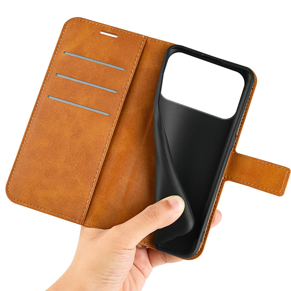 For iPhone 17 Pro Max Stand Case Anti-Scratch Calf Texture Leather Phone Cover - Yellow