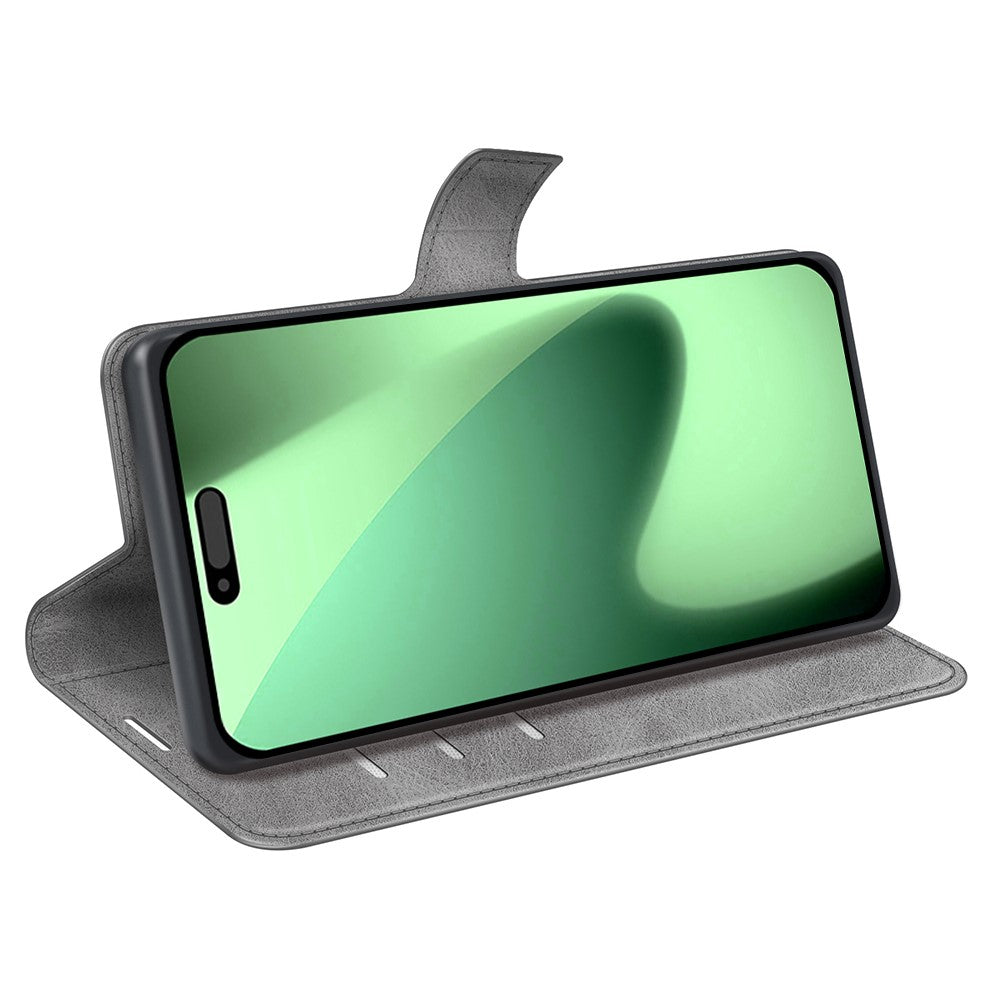 For iPhone 17 Pro Max Stand Case Anti-Scratch Calf Texture Leather Phone Cover - Grey