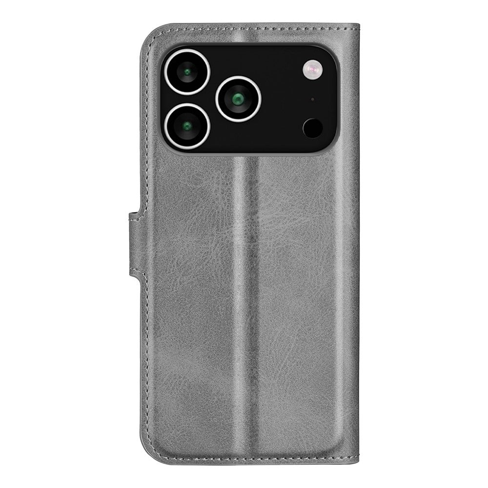 For iPhone 17 Pro Max Stand Case Anti-Scratch Calf Texture Leather Phone Cover - Grey