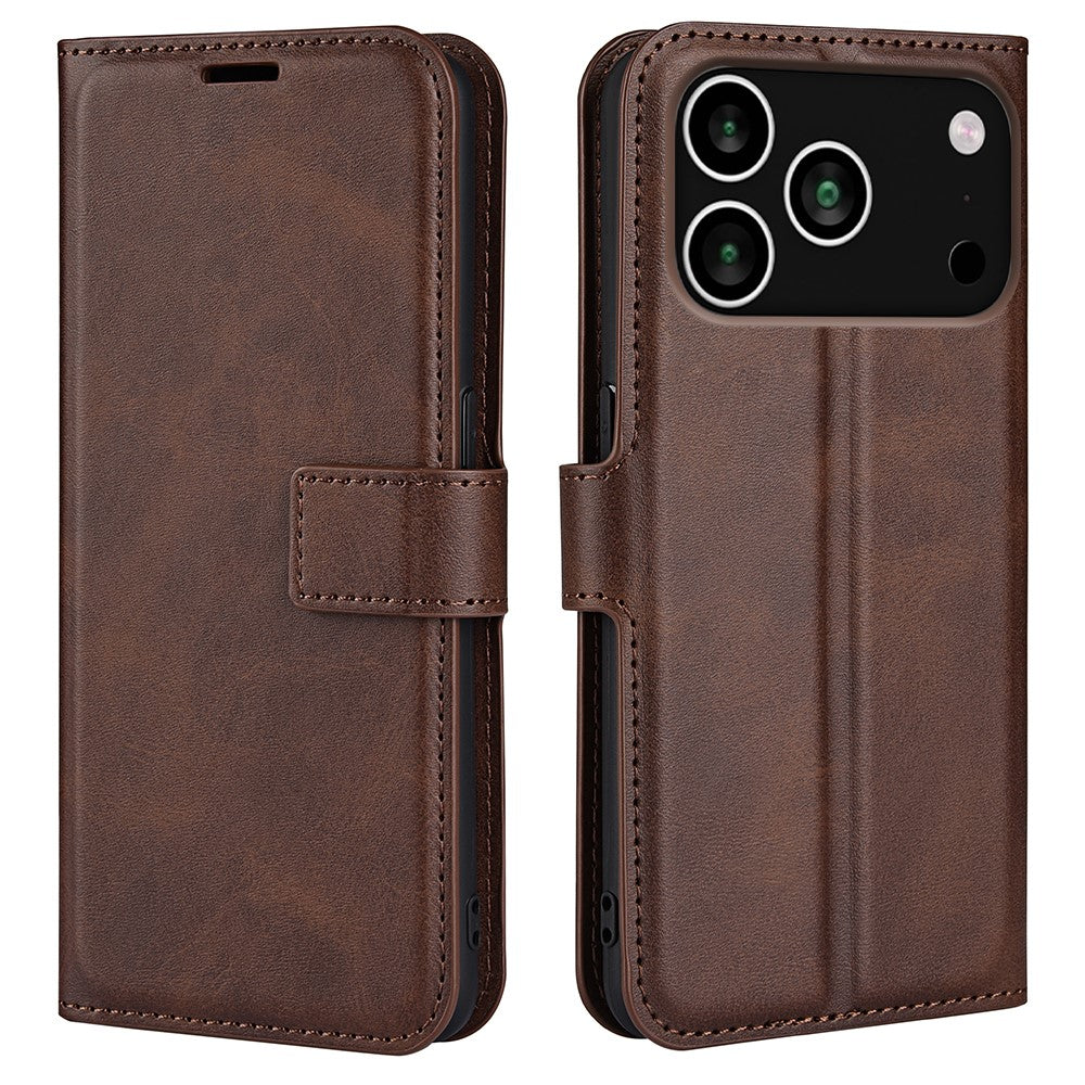 For iPhone 17 Pro Max Stand Case Anti-Scratch Calf Texture Leather Phone Cover - Brown
