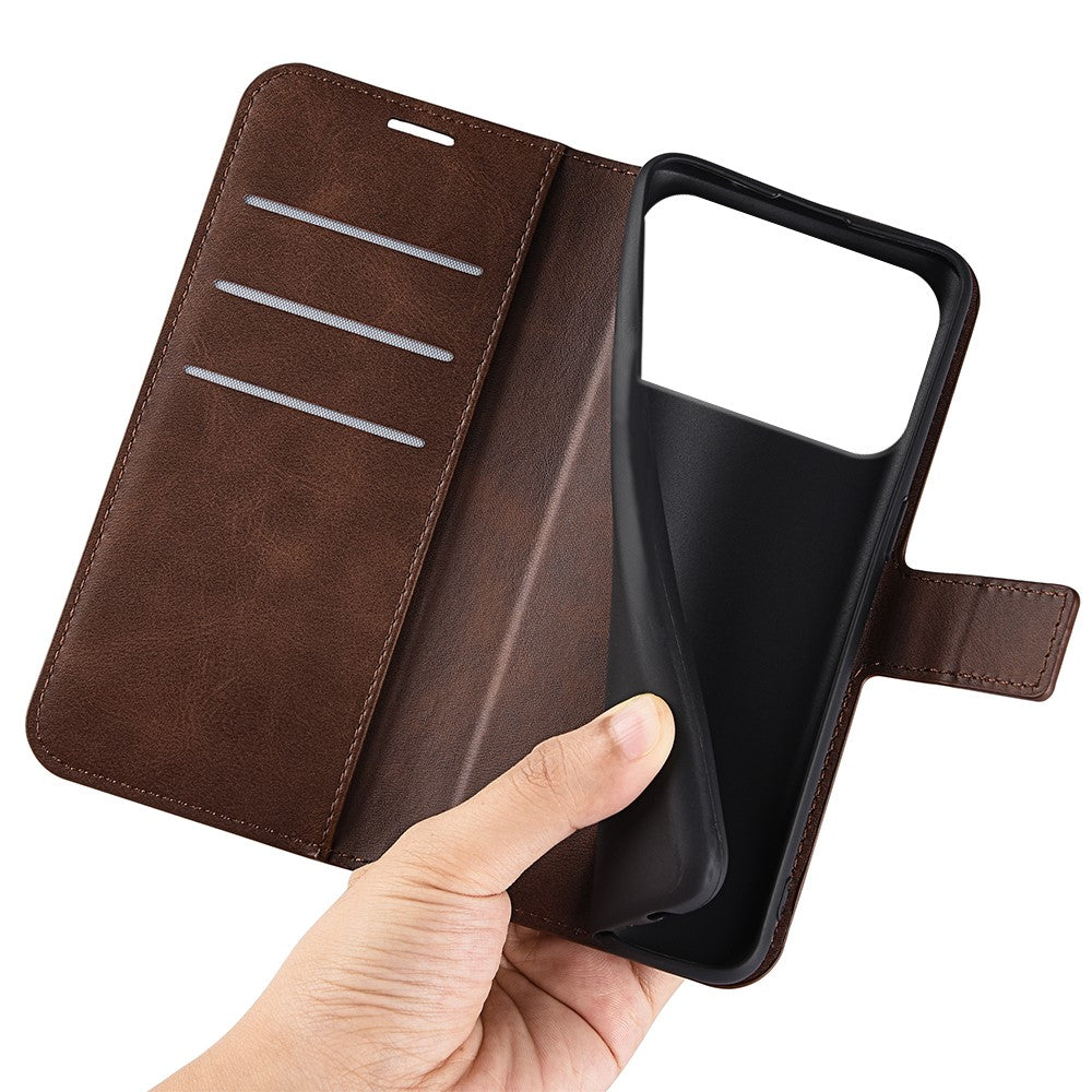 For iPhone 17 Pro Max Stand Case Anti-Scratch Calf Texture Leather Phone Cover - Brown
