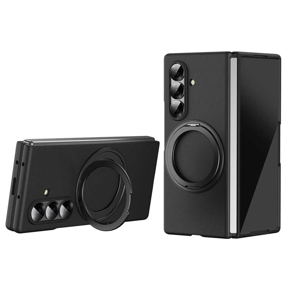 For Samsung Galaxy Z Fold7 5G Magnetic Case Ring Kickstand Hard PC Cover with Tempered Glass Screen Film - Black