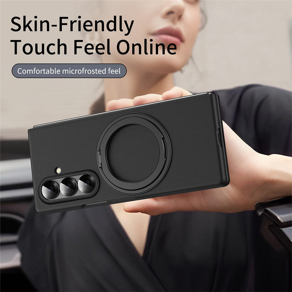 For Samsung Galaxy Z Fold7 5G Magnetic Case Ring Kickstand Hard PC Cover with Tempered Glass Screen Film - Black