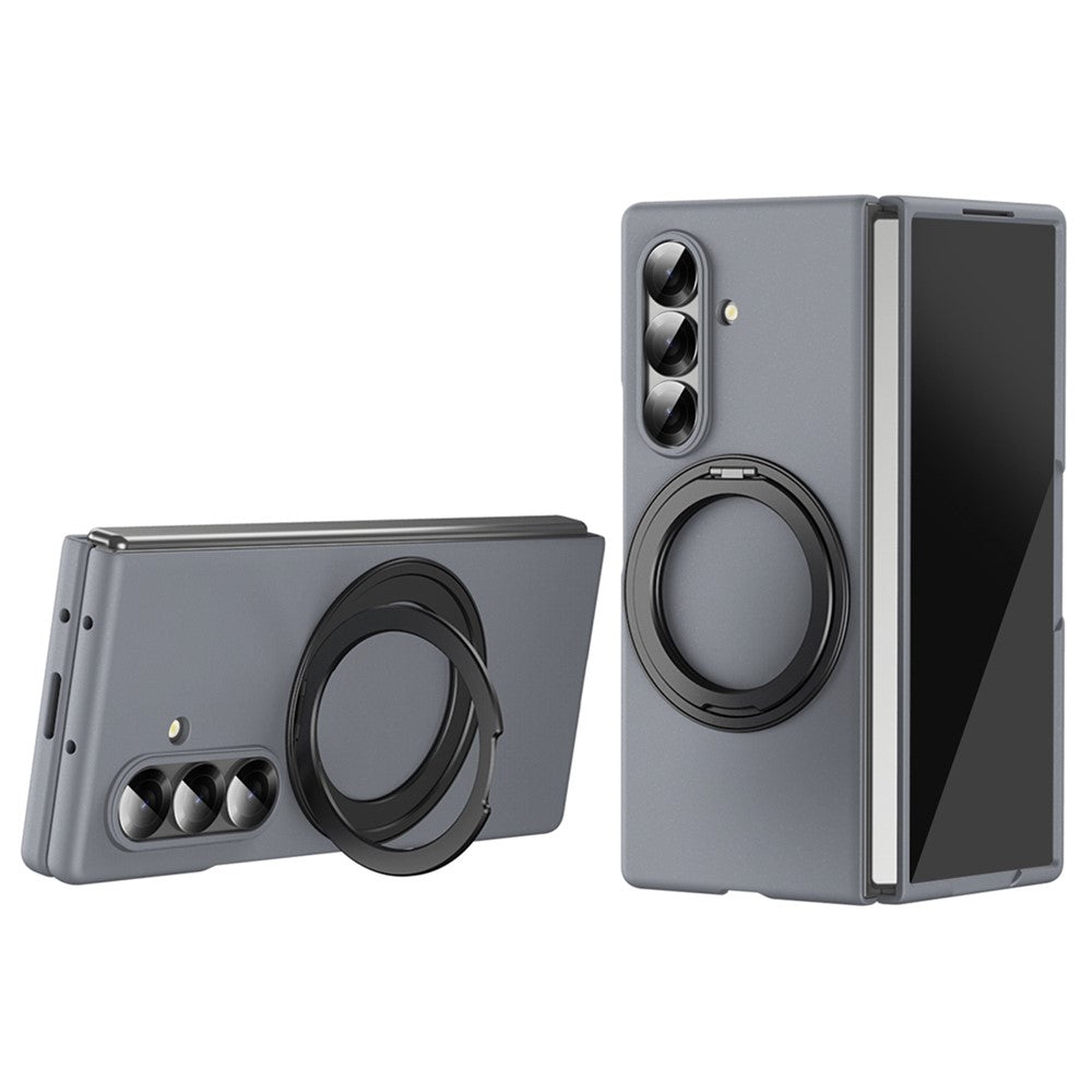 For Samsung Galaxy Z Fold7 5G Magnetic Case Ring Kickstand Hard PC Cover with Tempered Glass Screen Film - Grey