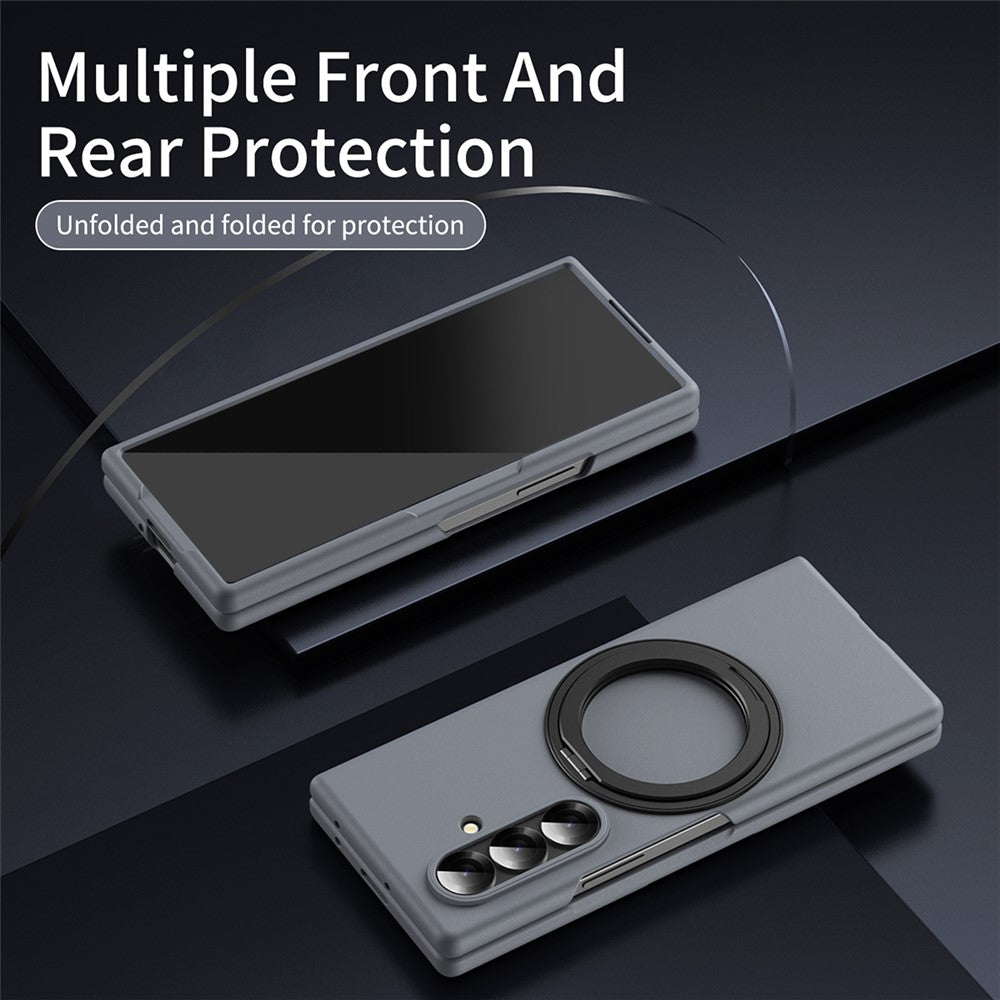 For Samsung Galaxy Z Fold7 5G Magnetic Case Ring Kickstand Hard PC Cover with Tempered Glass Screen Film - Grey