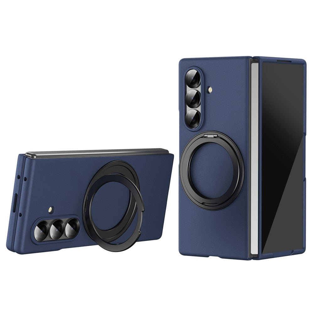 For Samsung Galaxy Z Fold7 5G Magnetic Case Ring Kickstand Hard PC Cover with Tempered Glass Screen Film - Sapphire