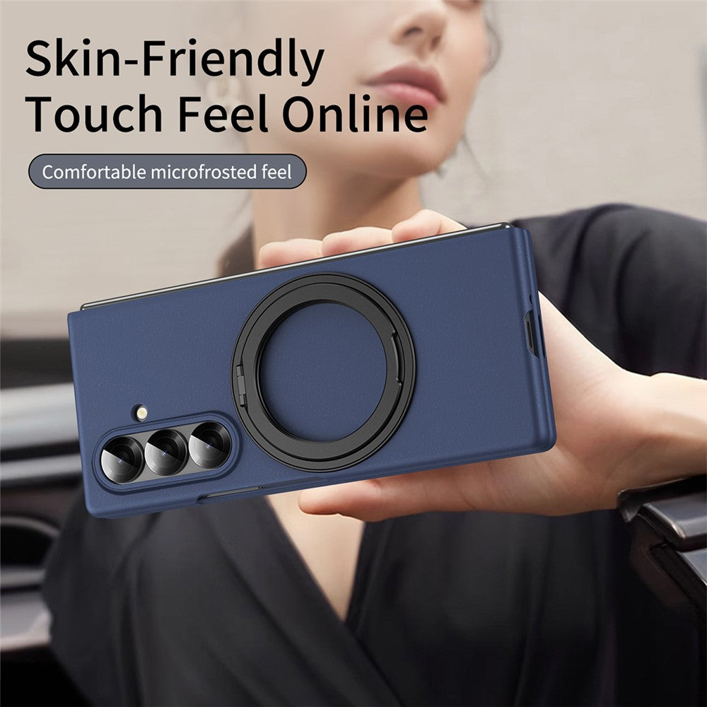 For Samsung Galaxy Z Fold7 5G Magnetic Case Ring Kickstand Hard PC Cover with Tempered Glass Screen Film - Sapphire