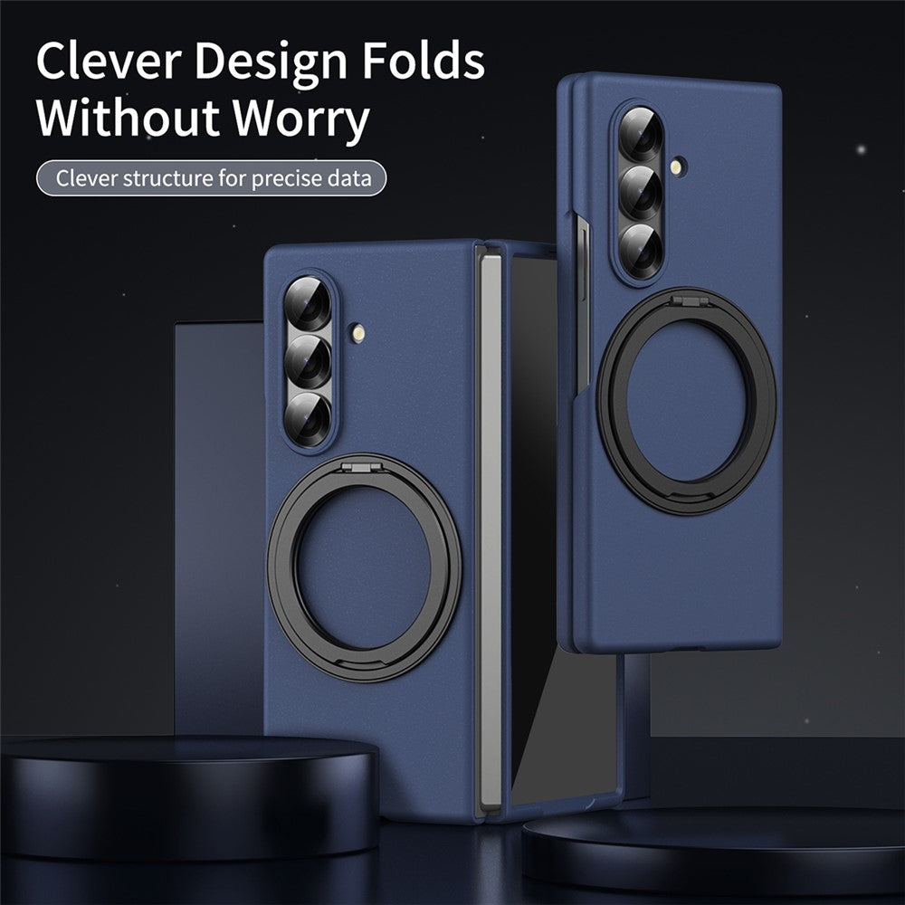 For Samsung Galaxy Z Fold7 5G Magnetic Case Ring Kickstand Hard PC Cover with Tempered Glass Screen Film - Sapphire