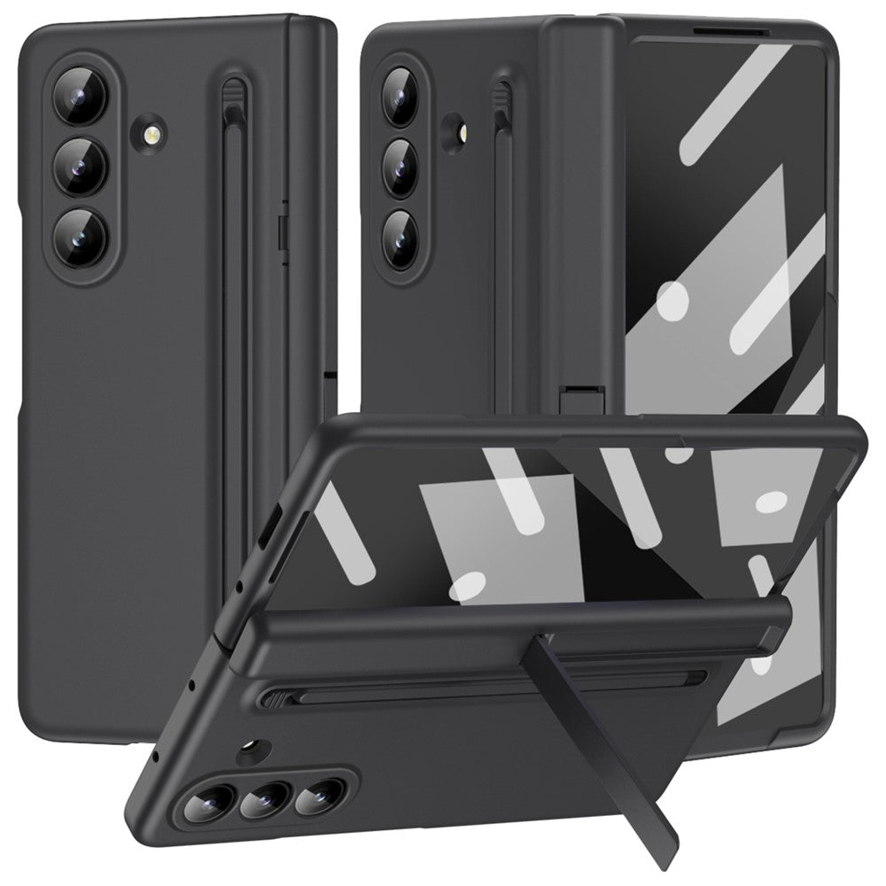 For Samsung Galaxy Z Fold7 5G Case Kickstand PC Phone Back Cover with Stylus and Tempered Glass Film - Black