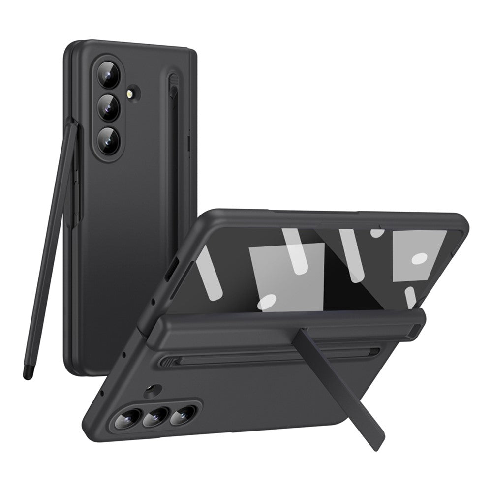 For Samsung Galaxy Z Fold7 5G Case Kickstand PC Phone Back Cover with Stylus and Tempered Glass Film - Black