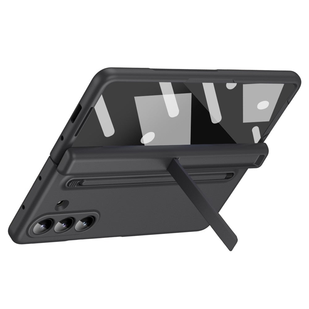 For Samsung Galaxy Z Fold7 5G Case Kickstand PC Phone Back Cover with Stylus and Tempered Glass Film - Black
