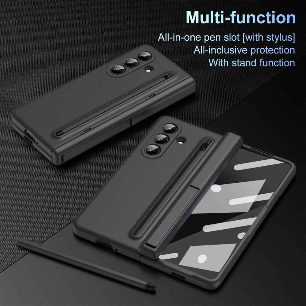 For Samsung Galaxy Z Fold7 5G Case Kickstand PC Phone Back Cover with Stylus and Tempered Glass Film - Black