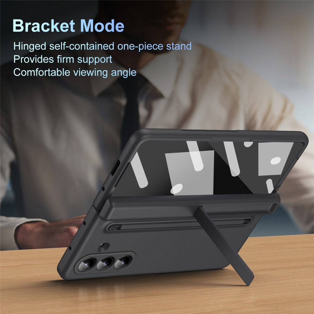 For Samsung Galaxy Z Fold7 5G Case Kickstand PC Phone Back Cover with Stylus and Tempered Glass Film - Black