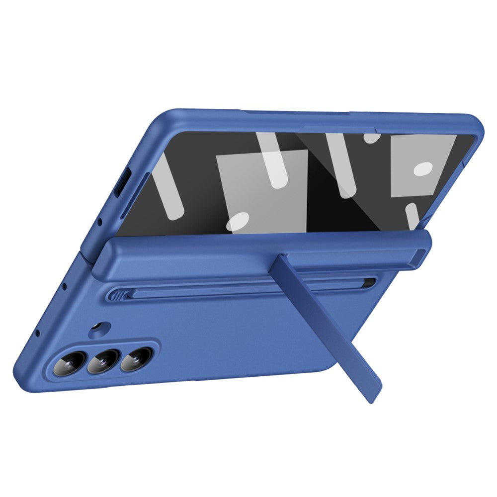 For Samsung Galaxy Z Fold7 5G Case Kickstand PC Phone Back Cover with Stylus and Tempered Glass Film - Sapphire